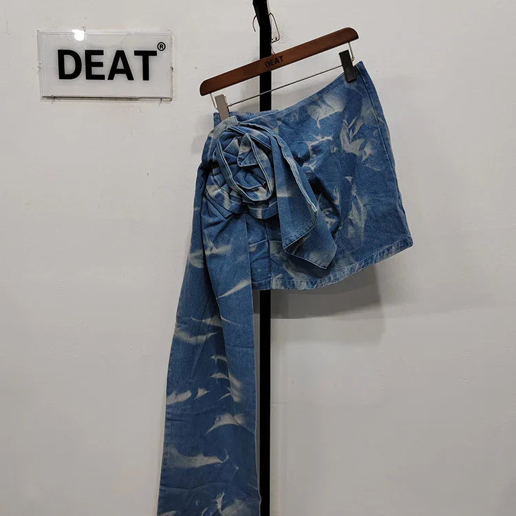 DEAT Fashion Women's Skirt High Waist Three-dimensional Rose Flower Asymmetric Blue Denim Short Skirts Summer New 17A8357 tie dye