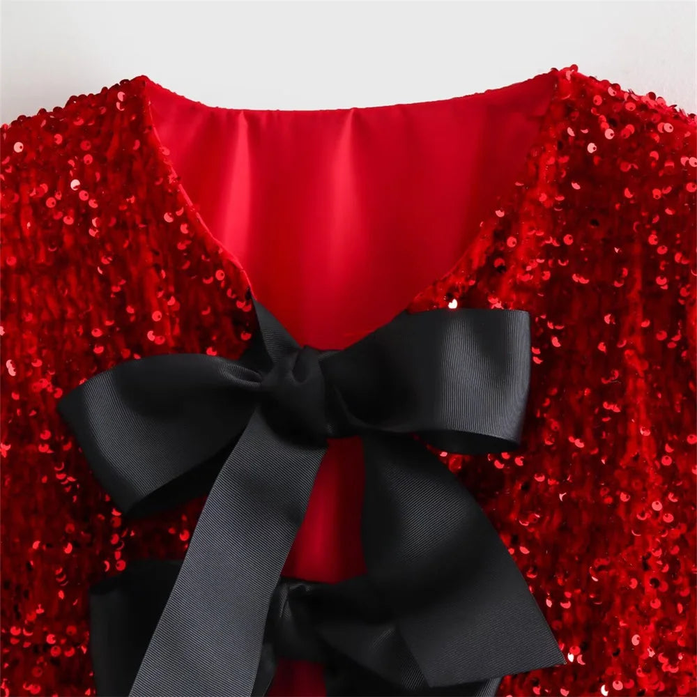 Zach Ailsa 2024 Early Spring New Women's Style Round Neck Long sleeved Bow Tie with Sequin Decoration Top Short Coat