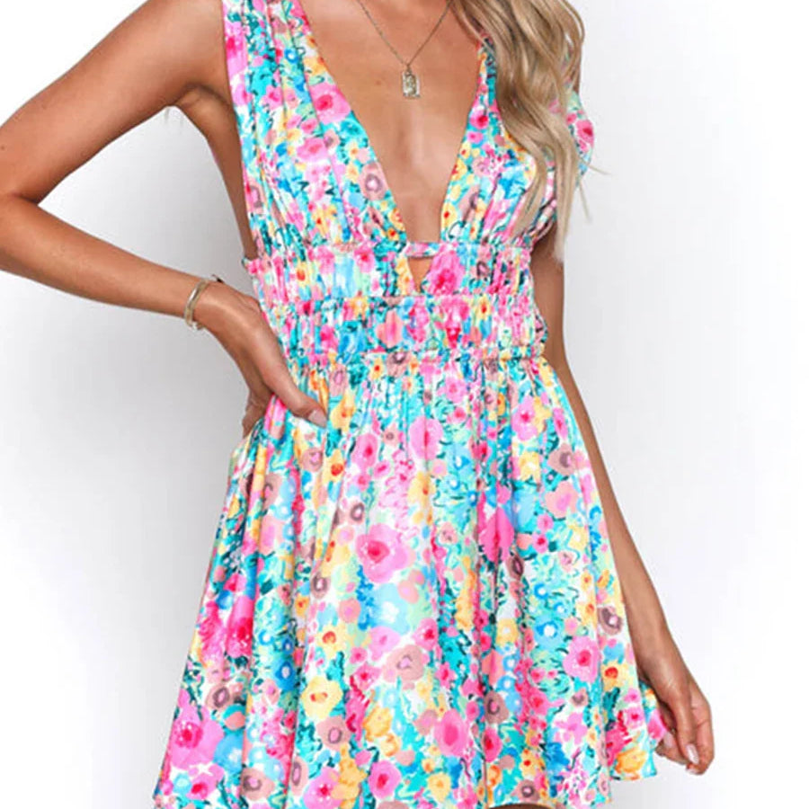 New Backless Sexy Women Mini Dress Sleeveless V Neck Backless Flower Print Summer Club Party Dress Sundress Streetwear S M L PURPLE