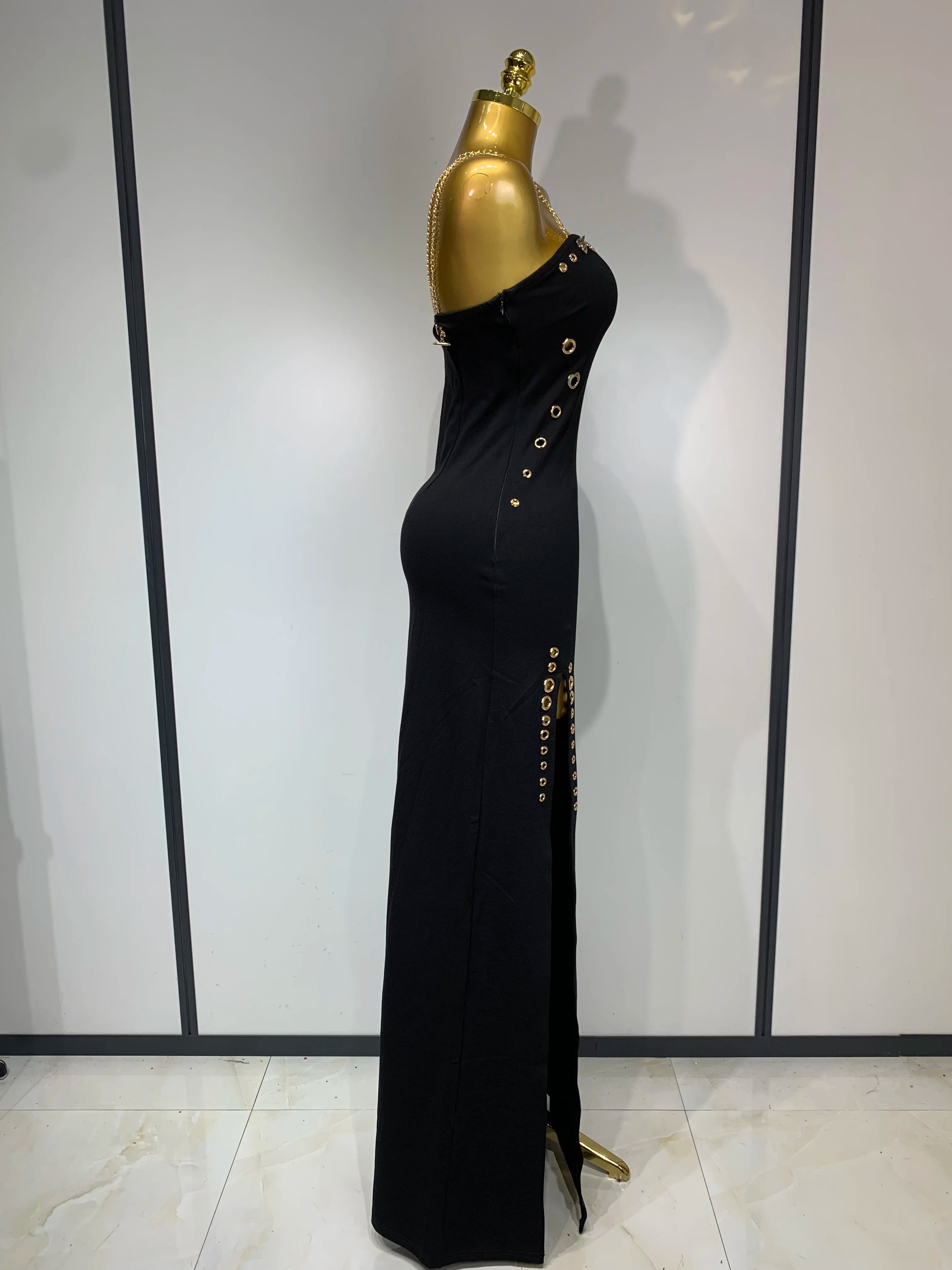 Women Sexy Sleeveless Square Colalr Chain Bodycon Maxi Long Dress Elegant Evening Party Fashion Celebrate Birthday Dress