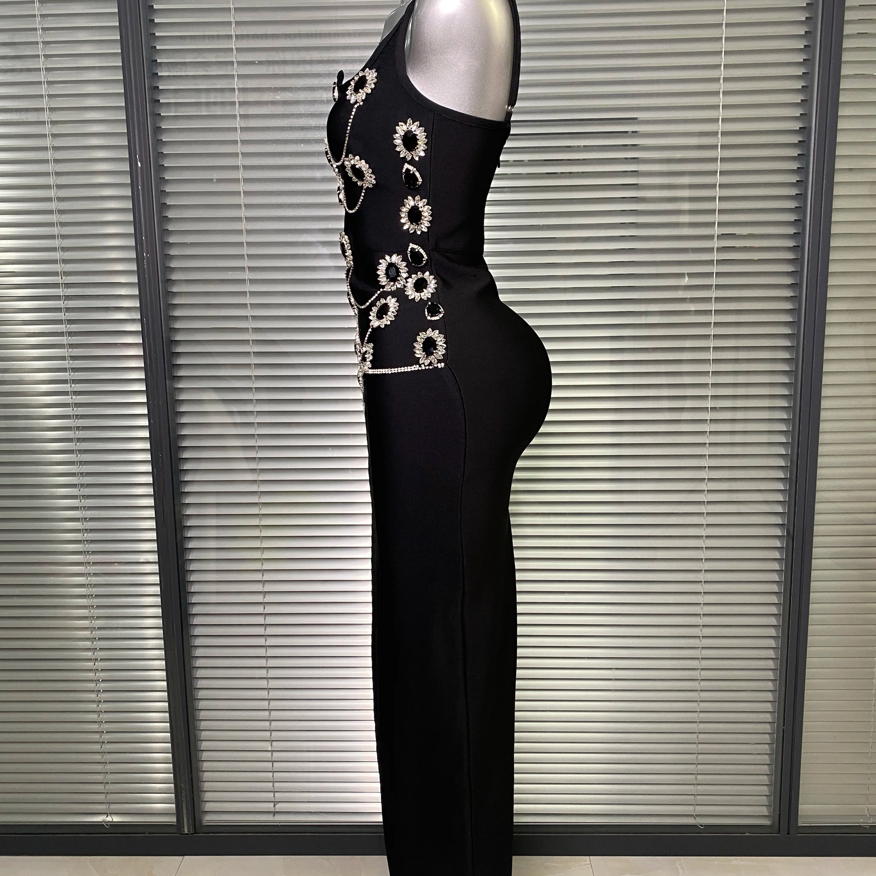 Brand New 2025 Women Black Long Bodycon Bandage Dress Crystal Chain Elegant Evening Party Dress Vestido