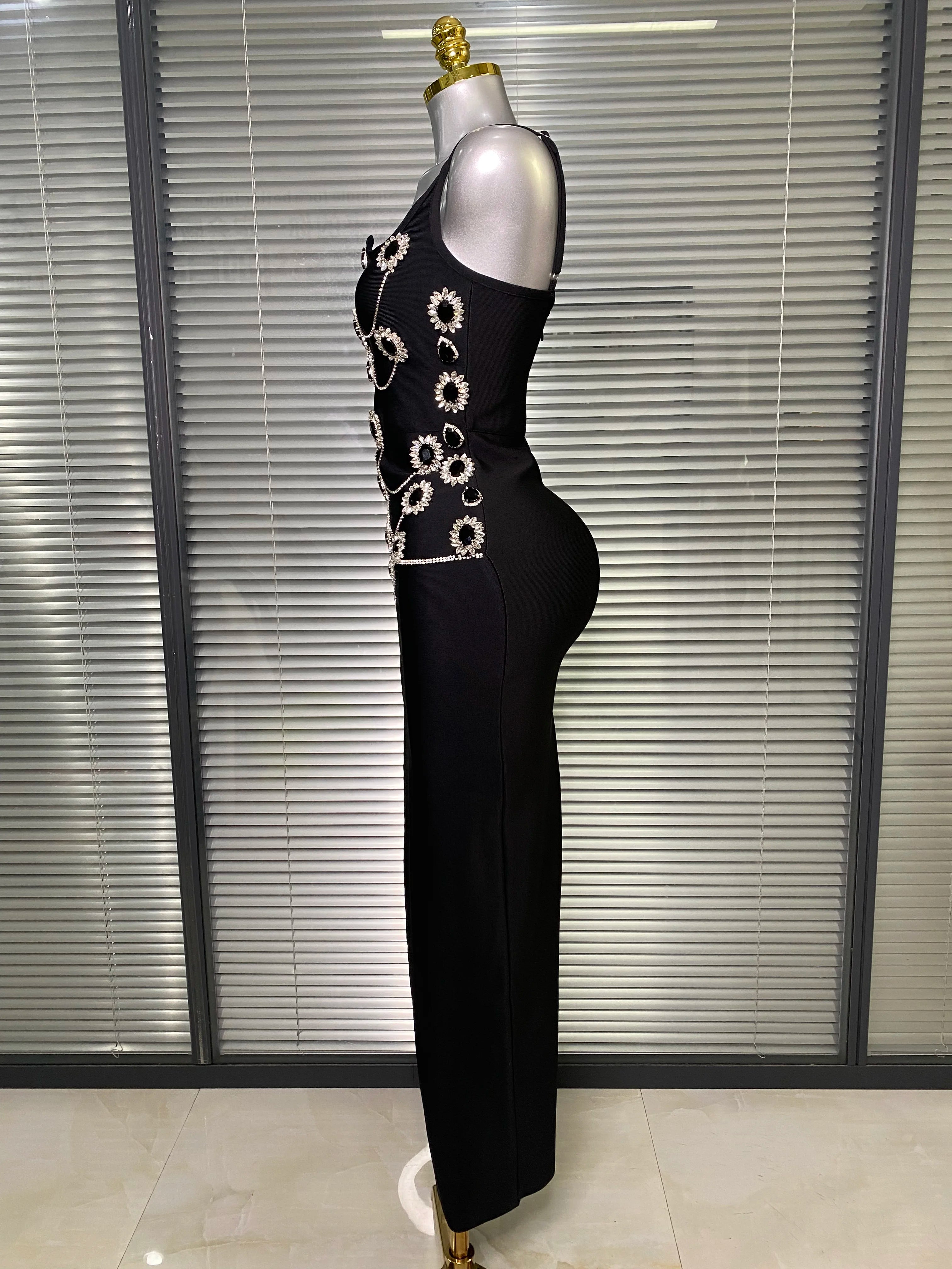 Brand New 2025 Women Black Long Bodycon Bandage Dress Crystal Chain Elegant Evening Party Dress Vestido