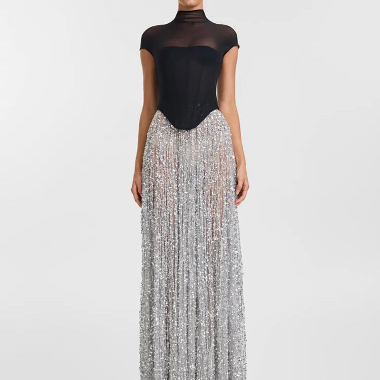 Conjunto de saia longa justa prateada, sexy, manga curta, malha, lantejoulas, para mulheres, celebridades, 2025, elegante, para festa à noite