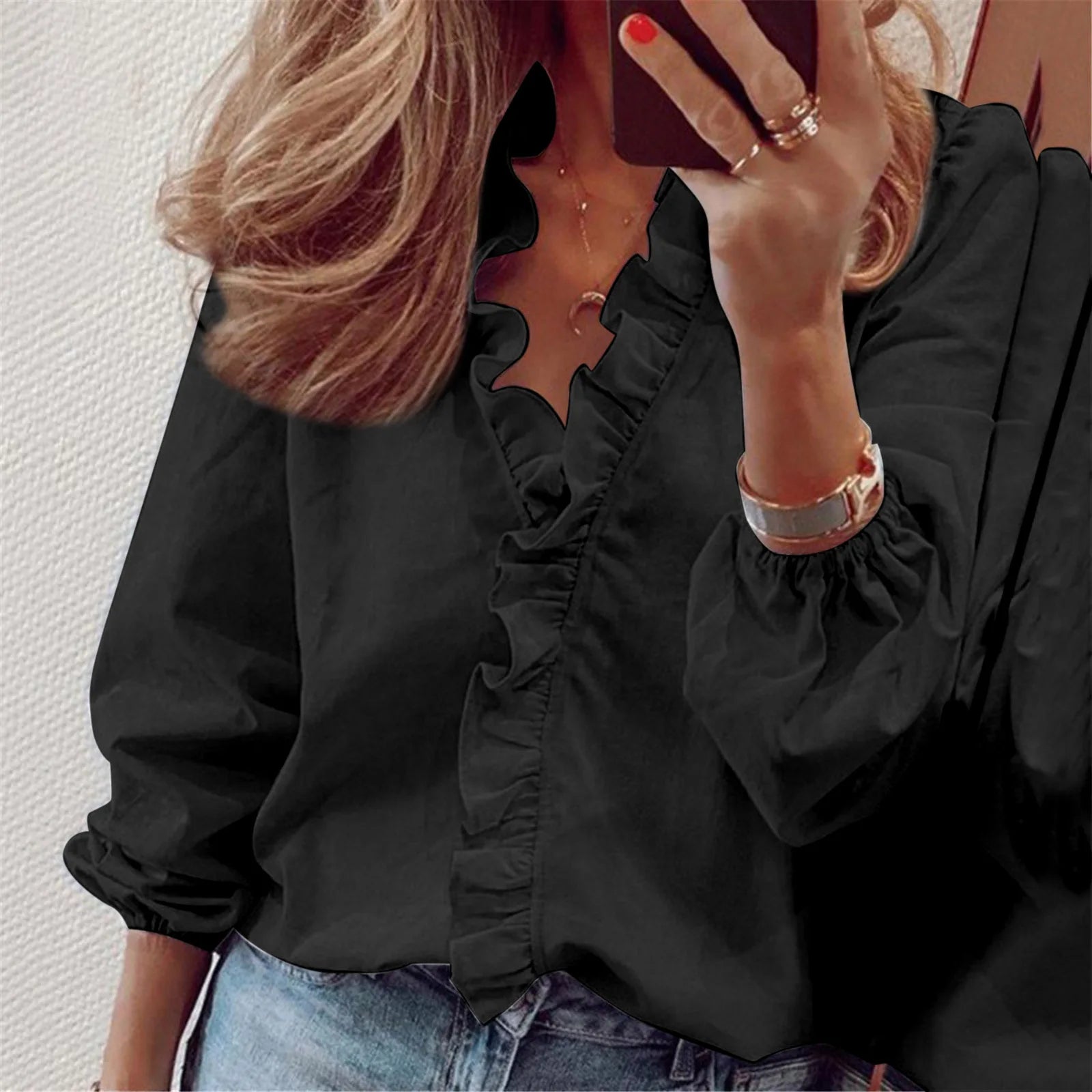 European and American long sleeved ruffled shirt for women's shirts in spring and summer black