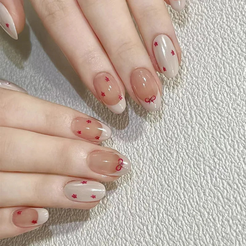 24Pcs Simple Almond Fake Nails Art with Jelly Glue White French Press on False Nails 3D Golden Stripes Design Wearable Nail Tips