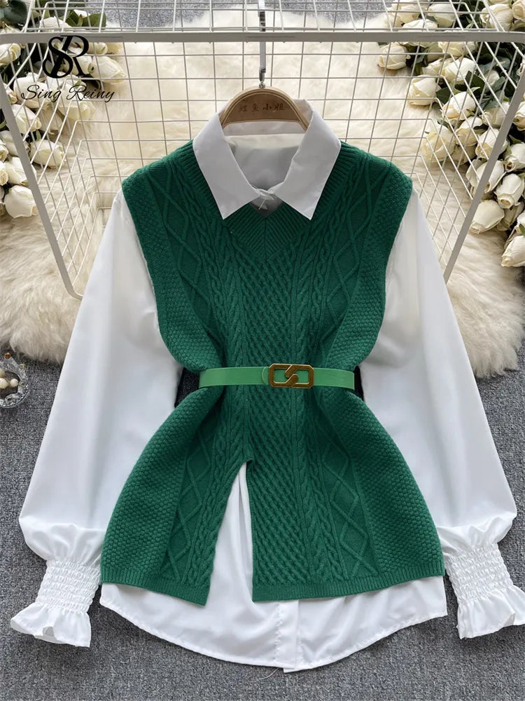 Office Lady Knitted Sweater Warm Thick Knit Vest+Single Breasted Lantern Sleeve Blouse Women Pullover Shirt Suits green One Size