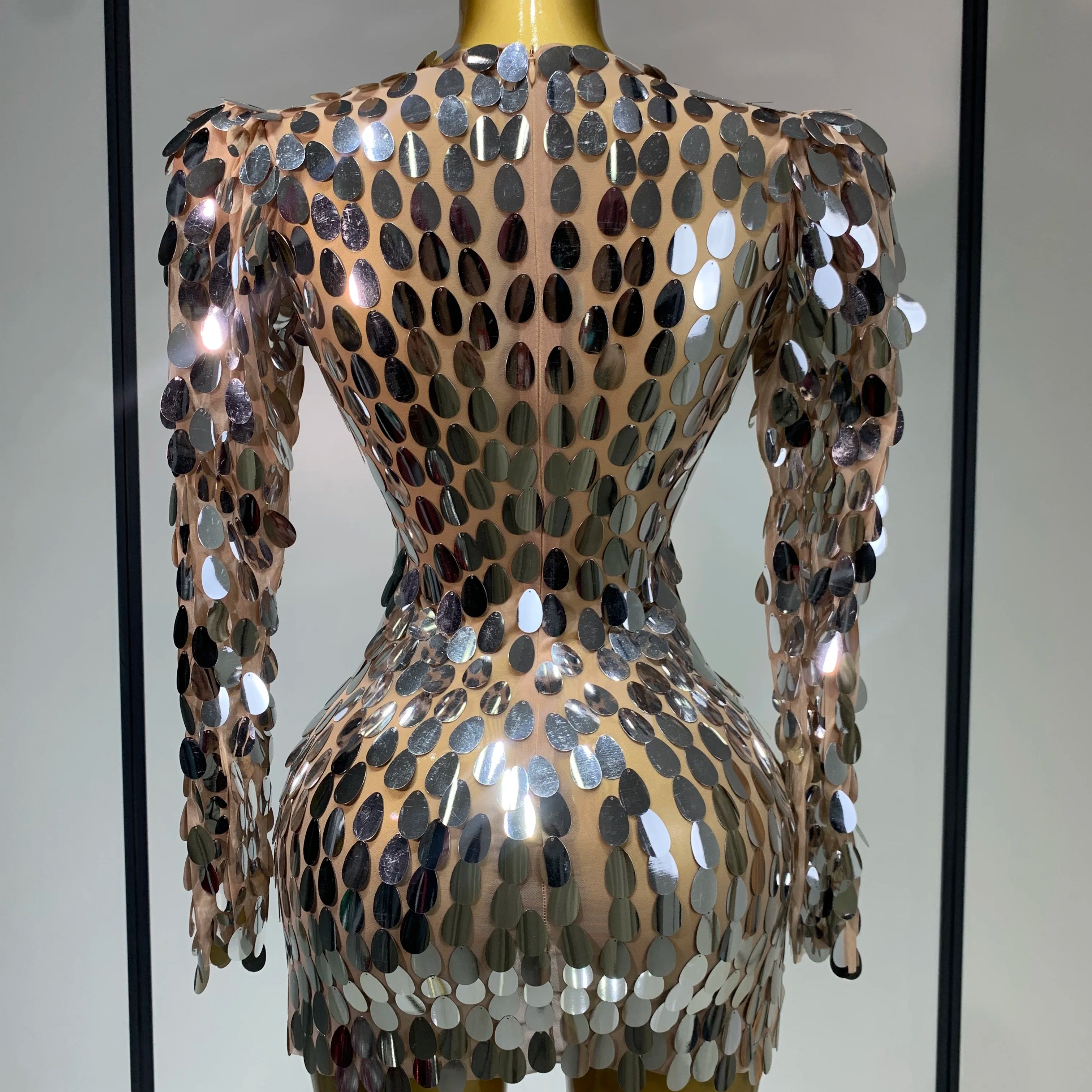 Women Sexy Mesh Stretch Sparkly Sequins Stage Performance Costume Dancer Singer Nightclub Evening Party Luxury Birthday Dress