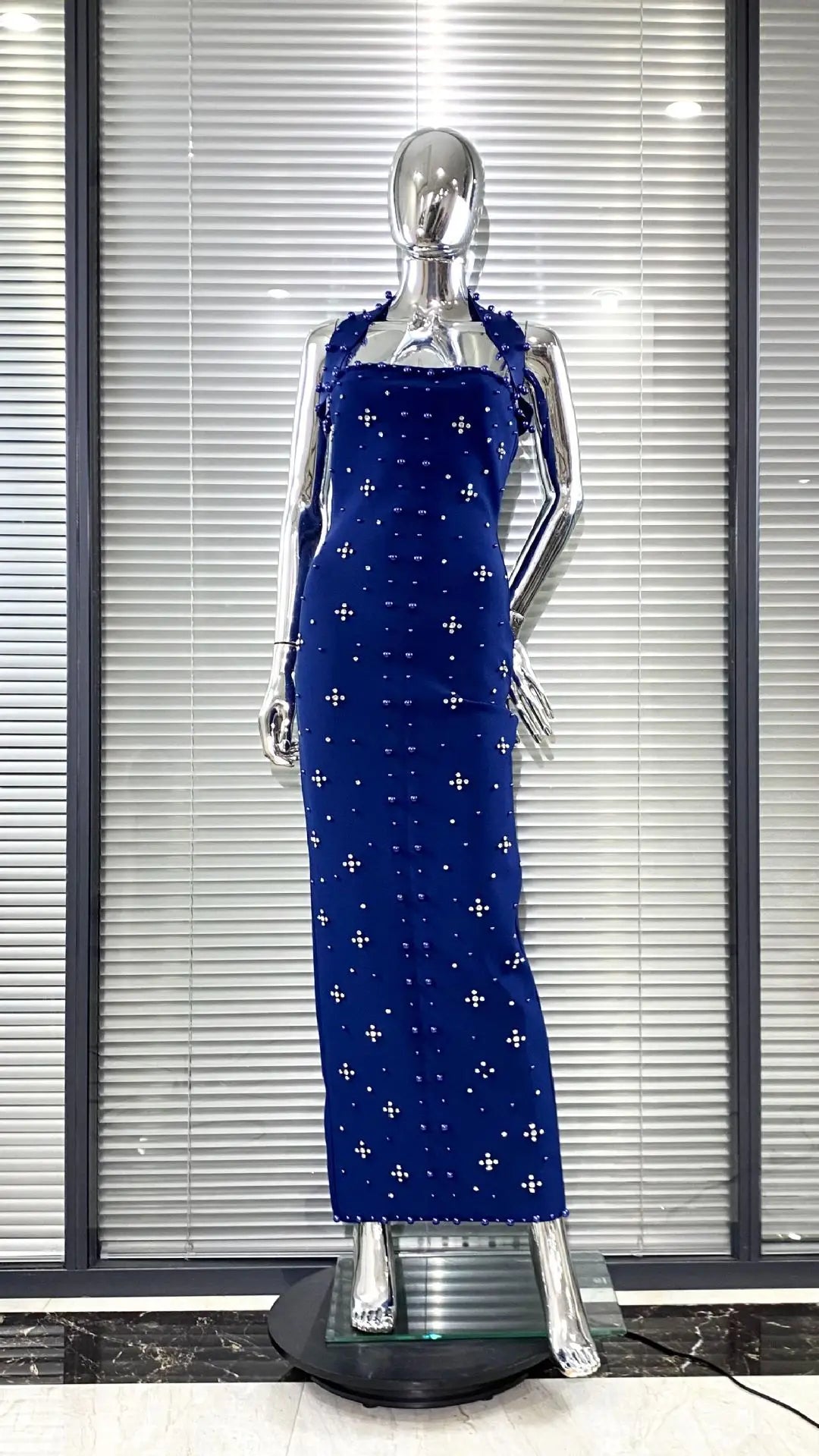 High Quality Women Sexy Halter Off the Shoulder Beading Rhinestones Bodycon Long Bandage Dress Evening Party Cocktail Vestido