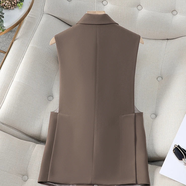 Fashion Women Formal Blazer Vest Ladies Khaki Black Coffee Slim Sleeveless Jacket Coat For Business Work Wear
