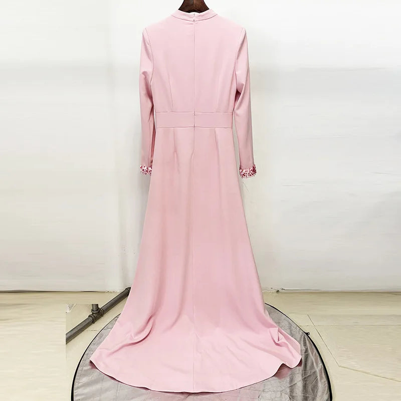 TWOTWINSTYLE Solid Slimming Spliced Sequins Elegant Dresses for Women High Neck Long Sleeves Hollow Out Long Dress Female New