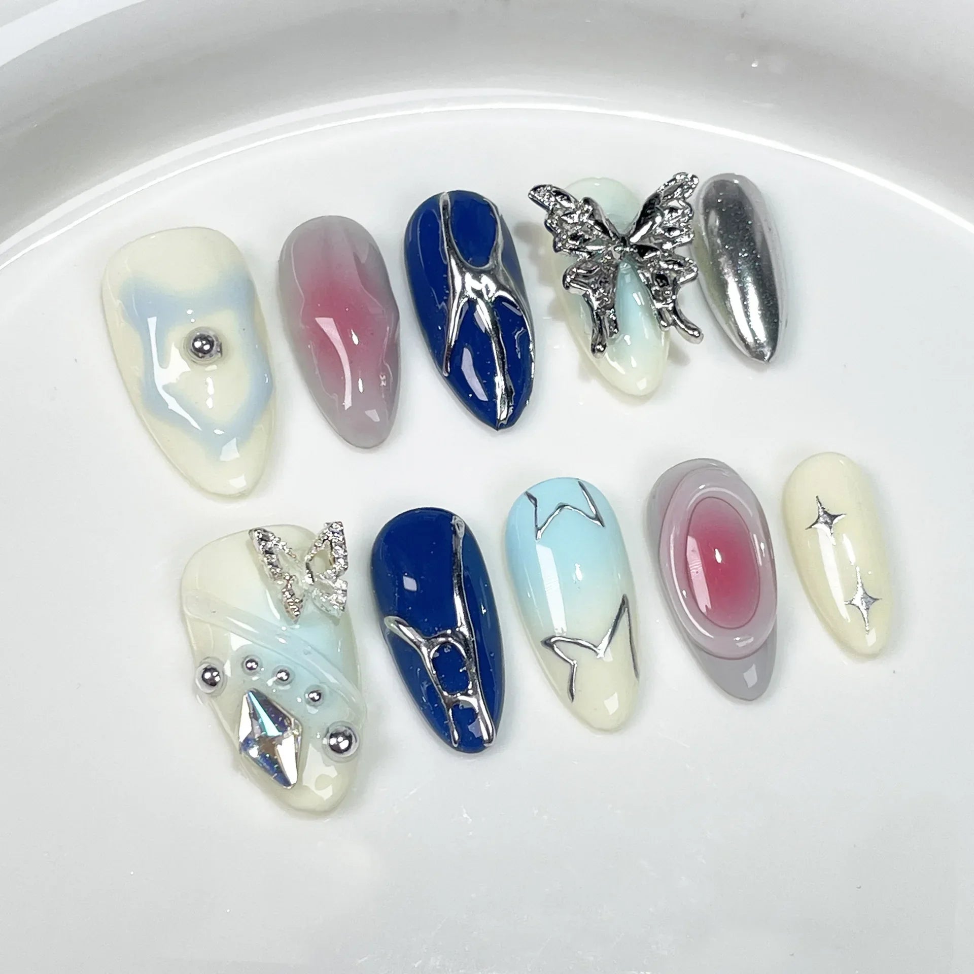10Pcs Blue Handmade Almond Press on Nails French Design Rhinestone Full Cover Fake Nail Glitter Manicure Wearable Nail Tips Art