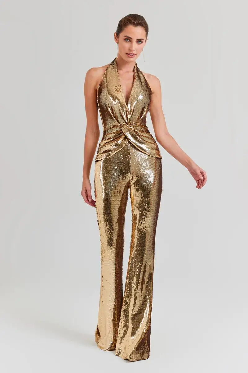 New Arrival Golden Sequins Stylish Flare Pants Halter Blackless Jumpsuit Woman Fashion Party Outfit Stage Performance Costume