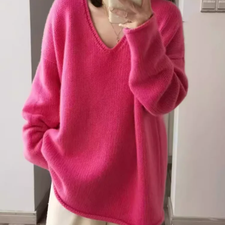 100% Pure Wool Loose V-neck Sweater Autumn Winter New Knitted Pullover Casual Fashion Korean Version Medium Long Tops Large Size