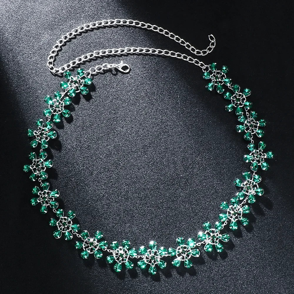 Fashion Pink Crystal Flowers Choker Necklace Statement Accessories Fashion Women Rhinestone Collar Necklace Clavicle Jewelry INS Green