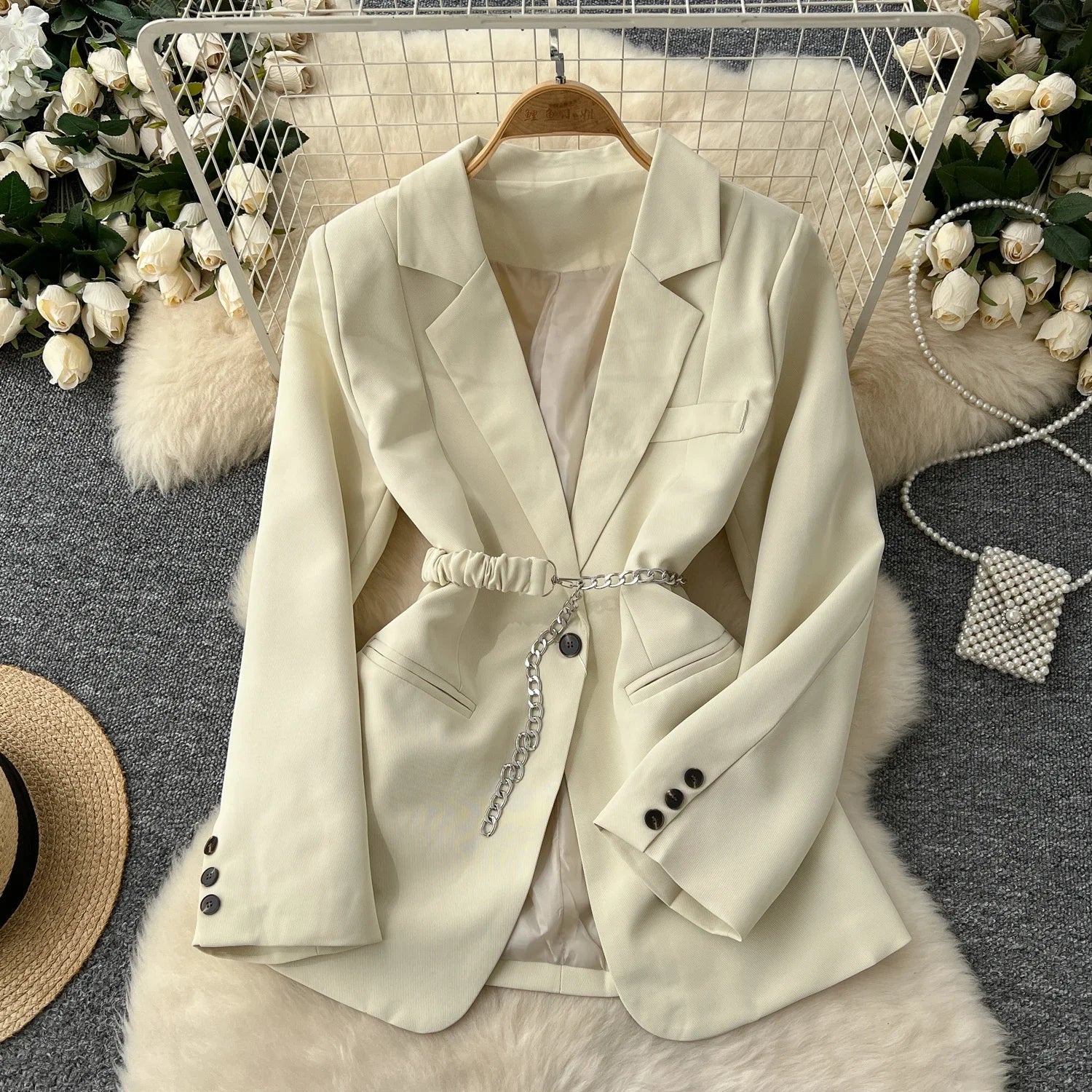 Chic Notched Collar Women Vintage Long Sleeve Slim Button Sashes Suit French Fashion Office Lady High Street Autumn Elegant Top Apricot