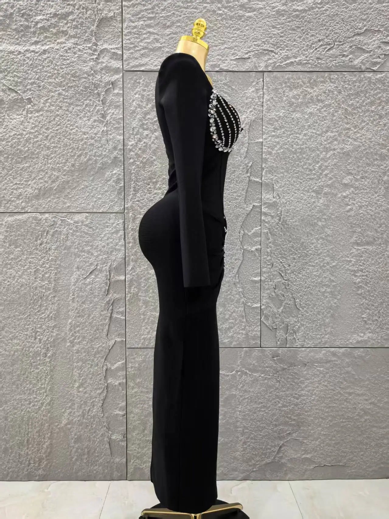 Top Quality Women Long Sleeve Sexy Square Collar Shinning Crystal Bodycon Long Bandage Dress Celebrate Evening Party Outfit