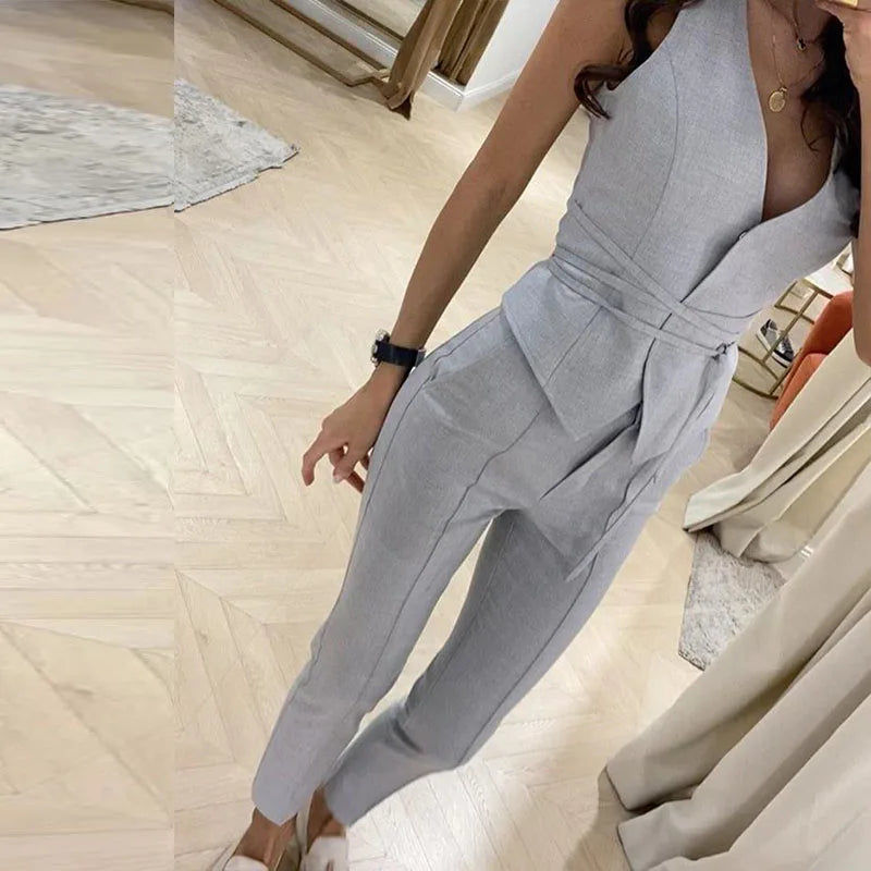Women Fashion Commute Clothes Sleeveless Outfit 2023 Summer New Suit Temperament Slim Waist Sexy Vest Pencil Pants Two-Piece Set 01 Grey