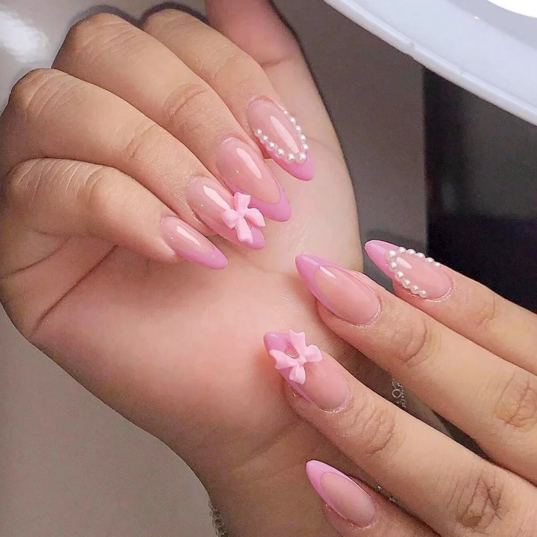 Pink French Style Fake Nails Almond Ballerina Press on Nails 3D Bowknot Designs Nude Color Stick-on False Nails Tips 24Pcs