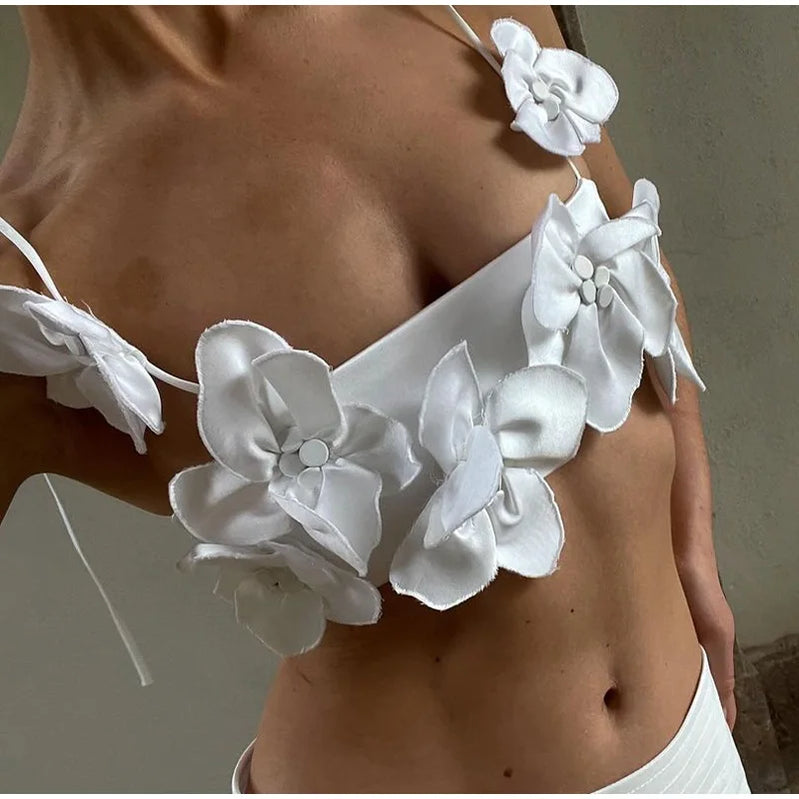 Sexy 3D Floral Knit Crop Top Women Fashion Sleeveless Backless Bandage Halter Tank Female Summer Lady Solid Streetwear WHITE