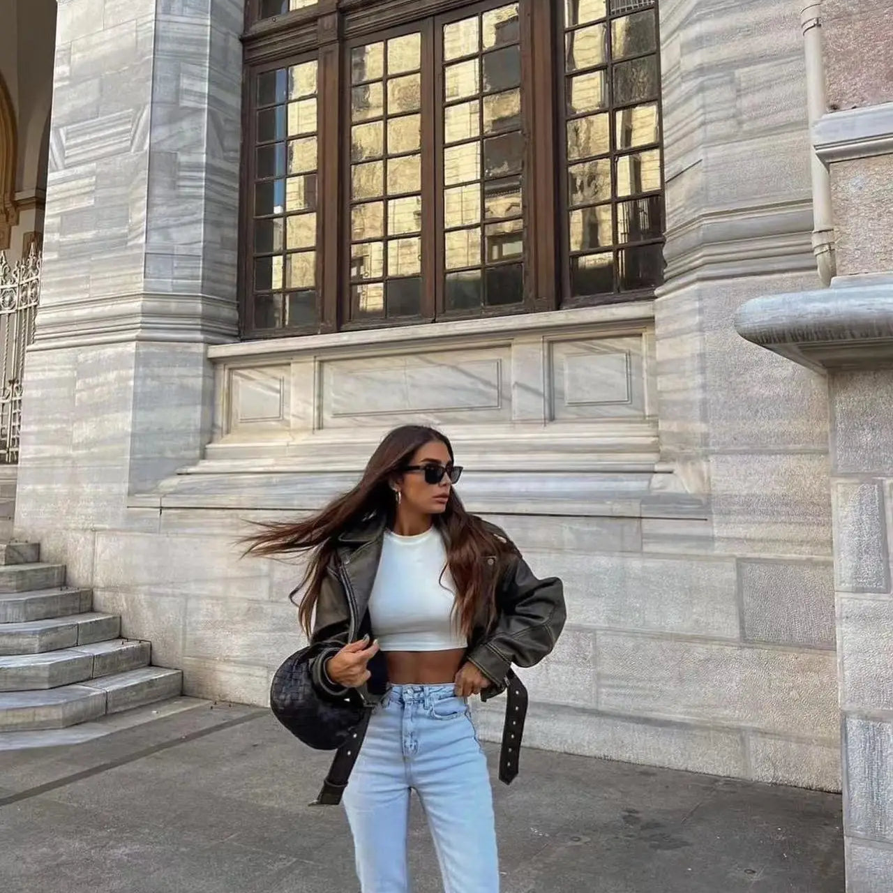 Women Vintage Loose Pu Faux Leather Short Jacket with Belt Streetwear Female Zipper Retro Moto Biker Coat Outwear Tops