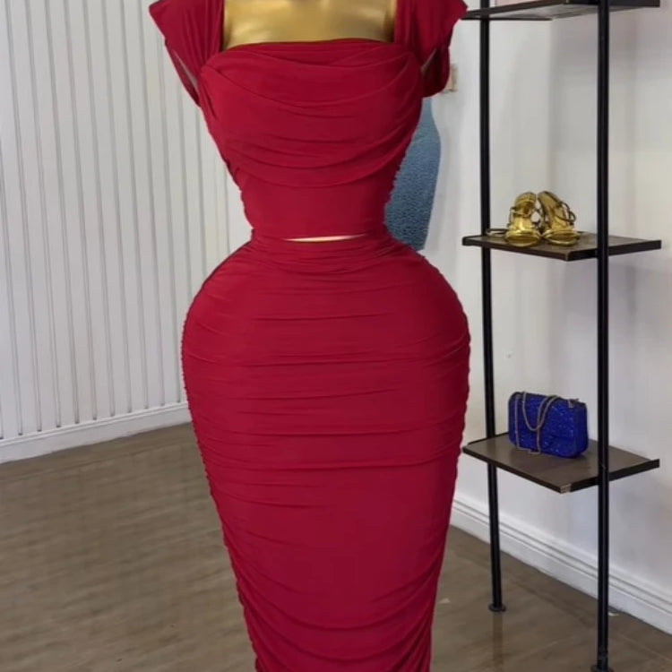 GLCMYAYA Fashion Stacked Ruched Women's Dress Set Crop Tops and Bodycon Midi Maxi Skirts Suit Vacation Two 2 Piece Set Outfit