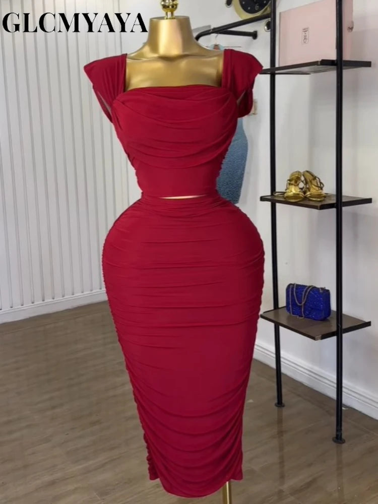 GLCMYAYA Fashion Stacked Ruched Women's Dress Set Crop Tops and Bodycon Midi Maxi Skirts Suit Vacation Two 2 Piece Set Outfit