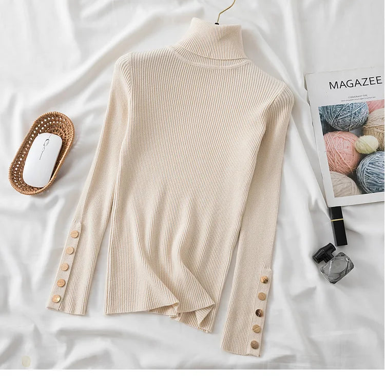 Thick Sweater Pullovers Long Sleeve Tops Women Autumn Winter Clothes Slim Knit Soft Jumper Streetwear Button Turtleneck Sweater apricot One Size