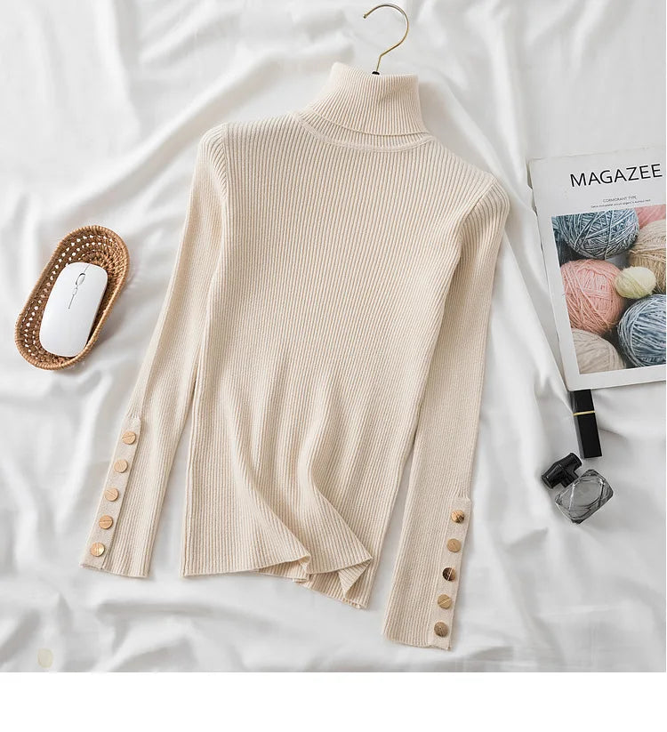 Thick Sweater Pullovers Long Sleeve Tops Women Autumn Winter Clothes Slim Knit Soft Jumper Streetwear Button Turtleneck Sweater apricot One Size