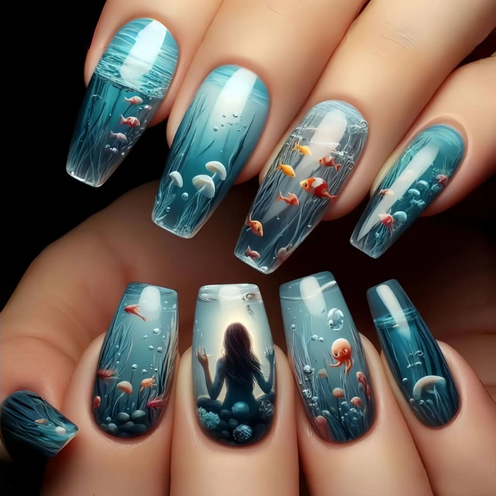 24pcs/set Medium long fake nails Gradient blue ocean fish sun flowers butterfly square ballet summer tips press on false nail