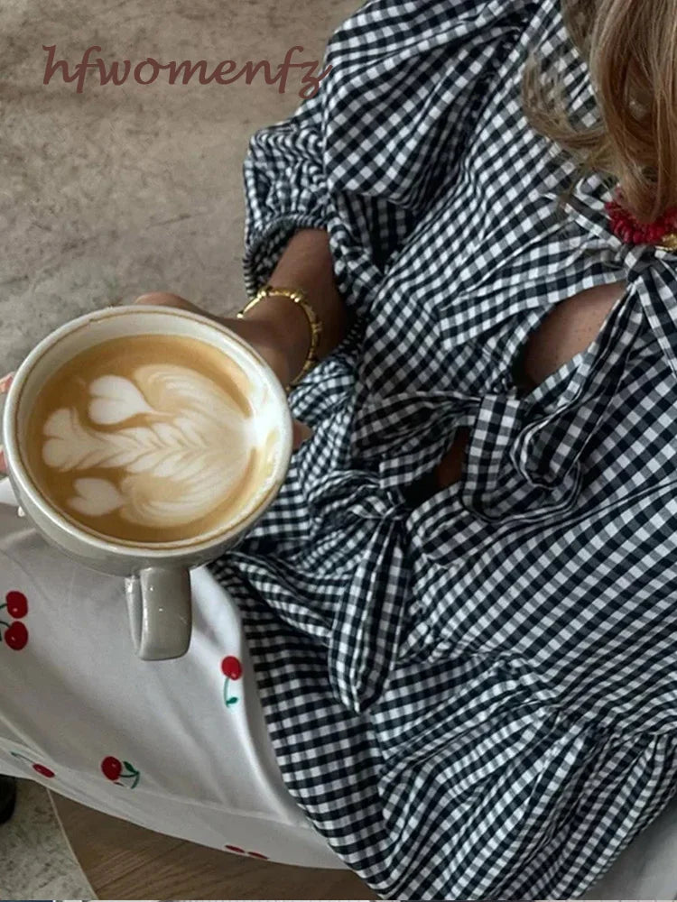 Elegant Striped Lace Up Women Shirts Chic Bow Puff Sleeve O-neck Hollow Out Female Blouses Spring Summer Casual Streetwear