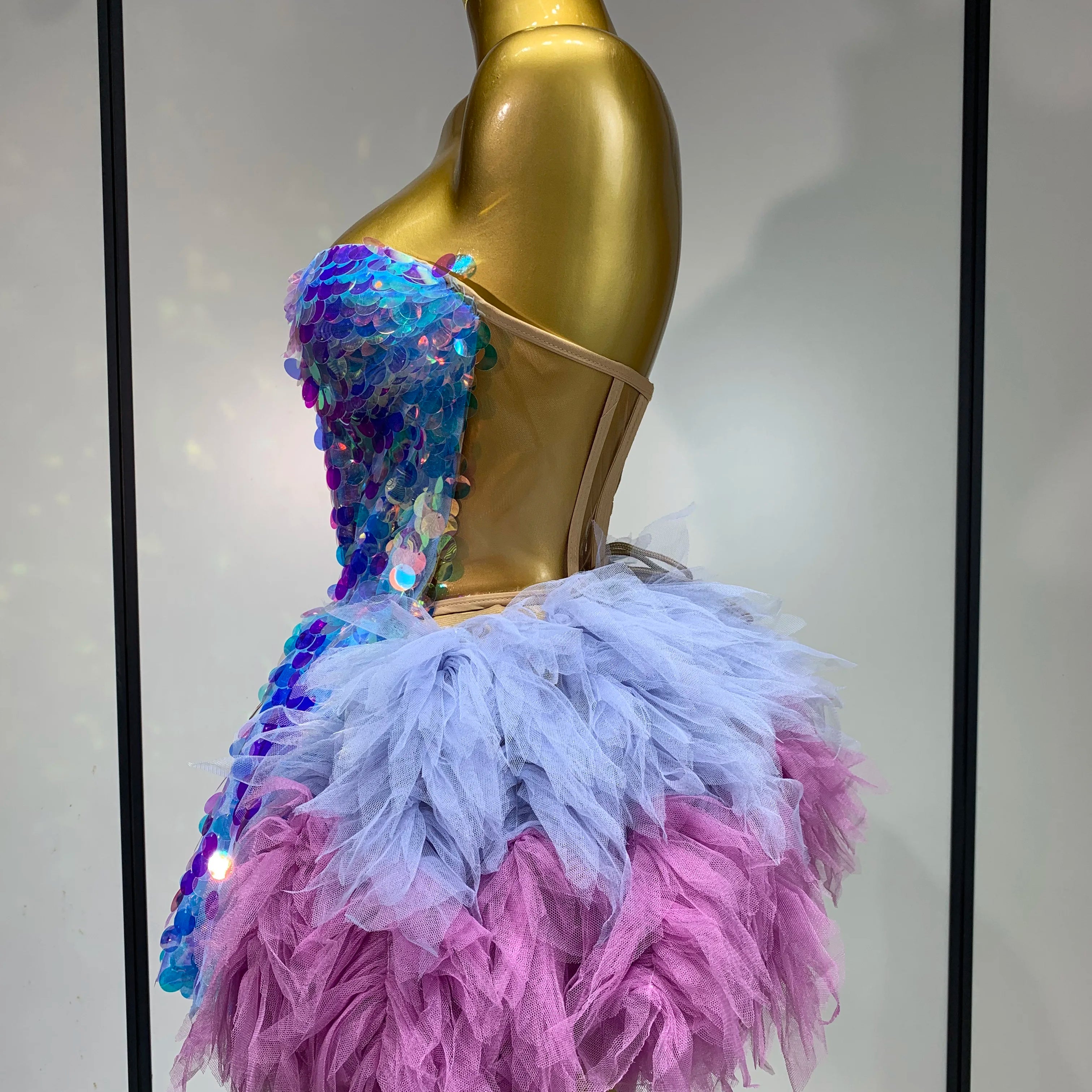 Sparkly Sequins Ruffles Two Pieces Set Sexy Backless Top Skirt Set Nightclub Performance Dance Dress Singer Stage Outfit