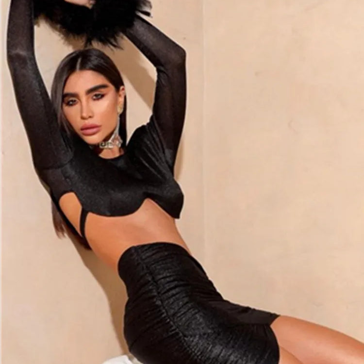 Vestido curto feminino sensual de primavera, manga longa, penas, preto e branco, malha franzida, bodycon, elegante, festa à noite