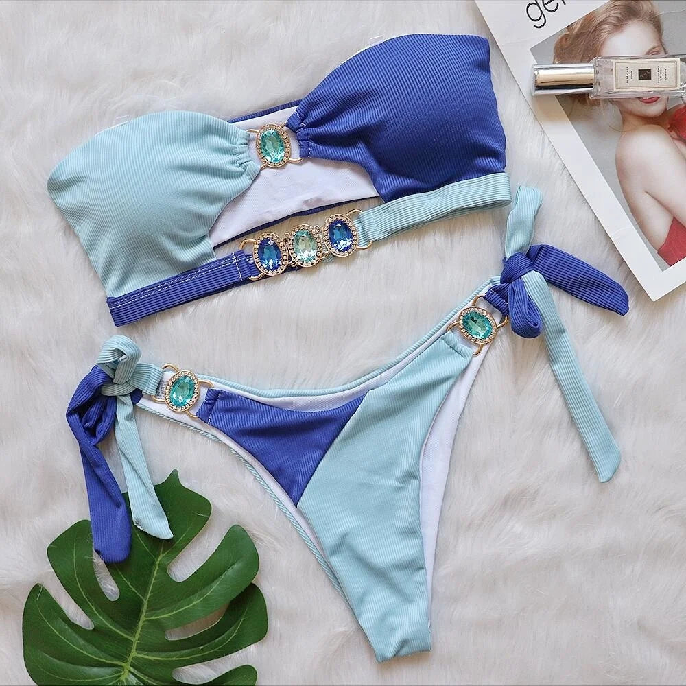 Sexy Rhinestones Bikinis Women Swimwear Female Swimsuit Swimming Bathing Suits Girls Brazilian Bikini Set Beachwear Bather B22101312B