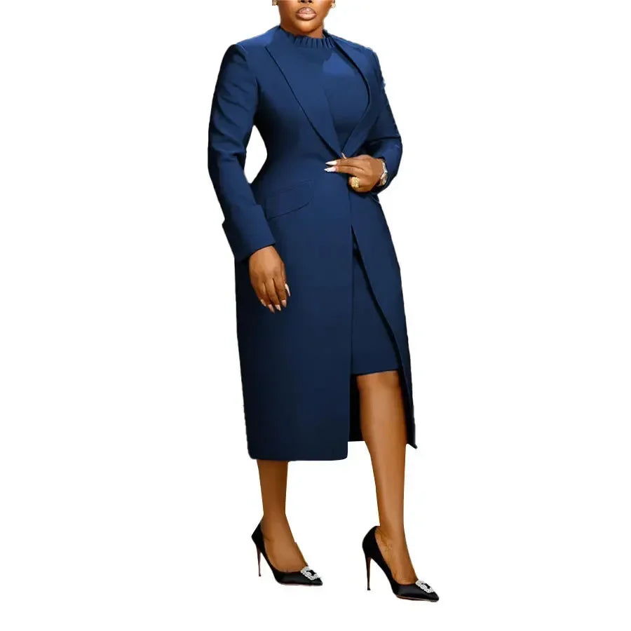 CM.YAYA Women's Set Full Sleeve Long Blazer Coat+ Long Dress Suit 2025 Winter Streetwear Two 2 Piece Set Africa OL Work Outfits
