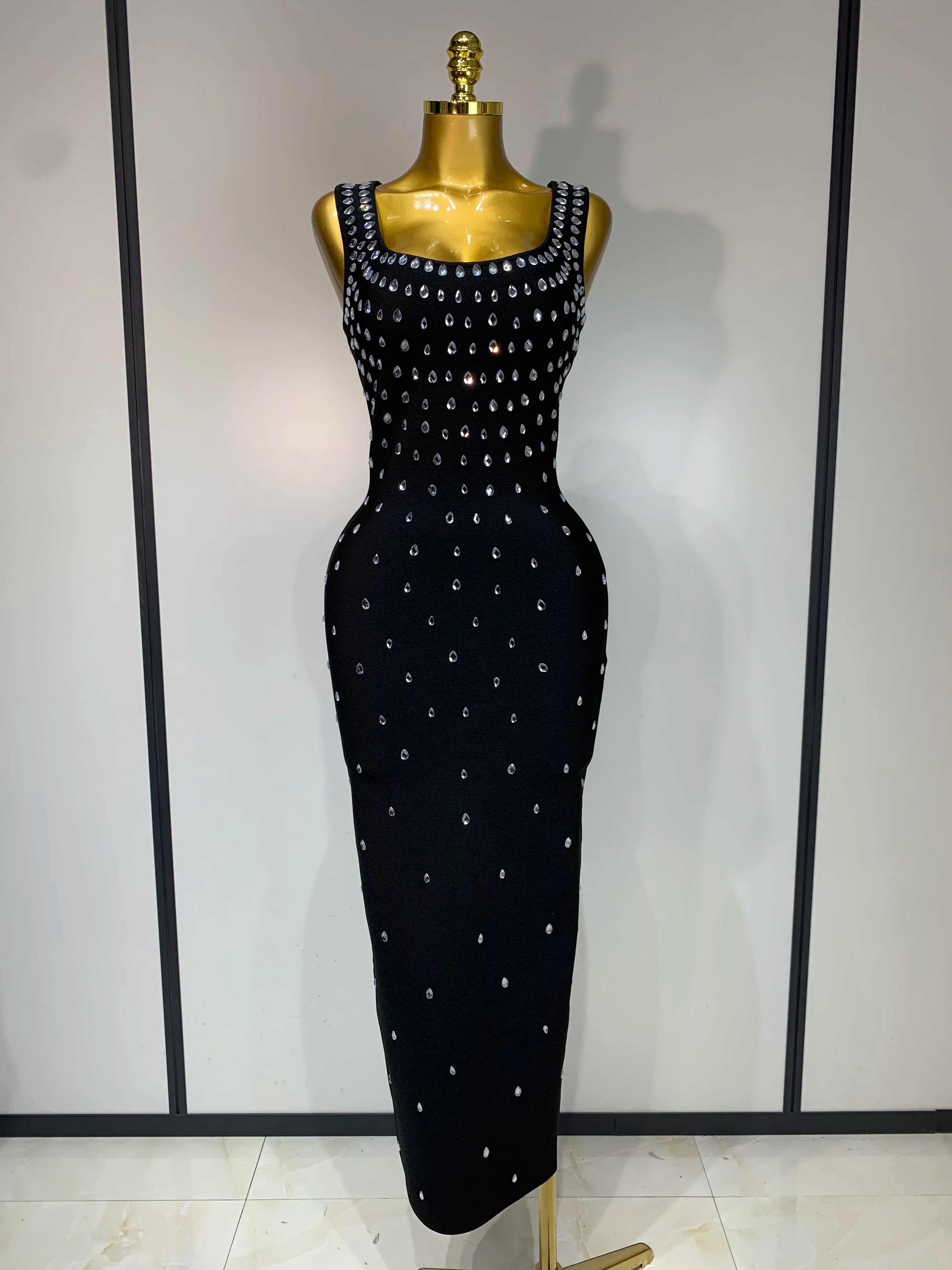 Women Sparkly Rhinestone Bandage Long Dress Elastic Sleeveless Bodycon High Street Evening Club Party Elegant Birthday Gowns