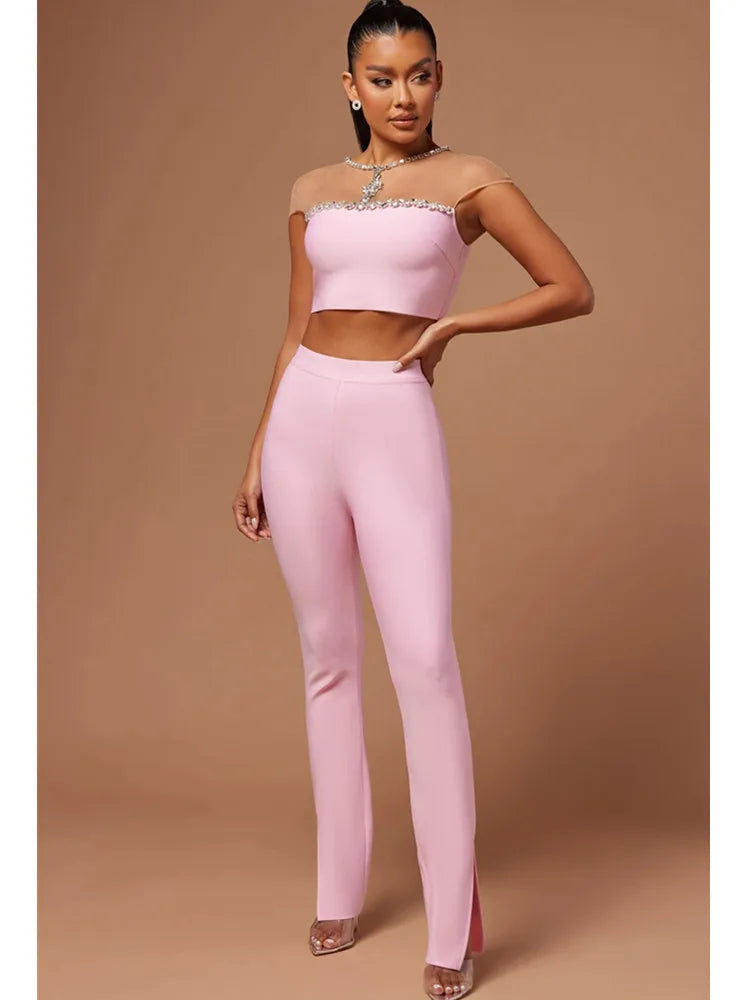 Women Luxury Sexy Mesh Crystal Beading Pink Two Piece Pants Bandage Set 2023 Celebrity Designer Fashion Women's Set