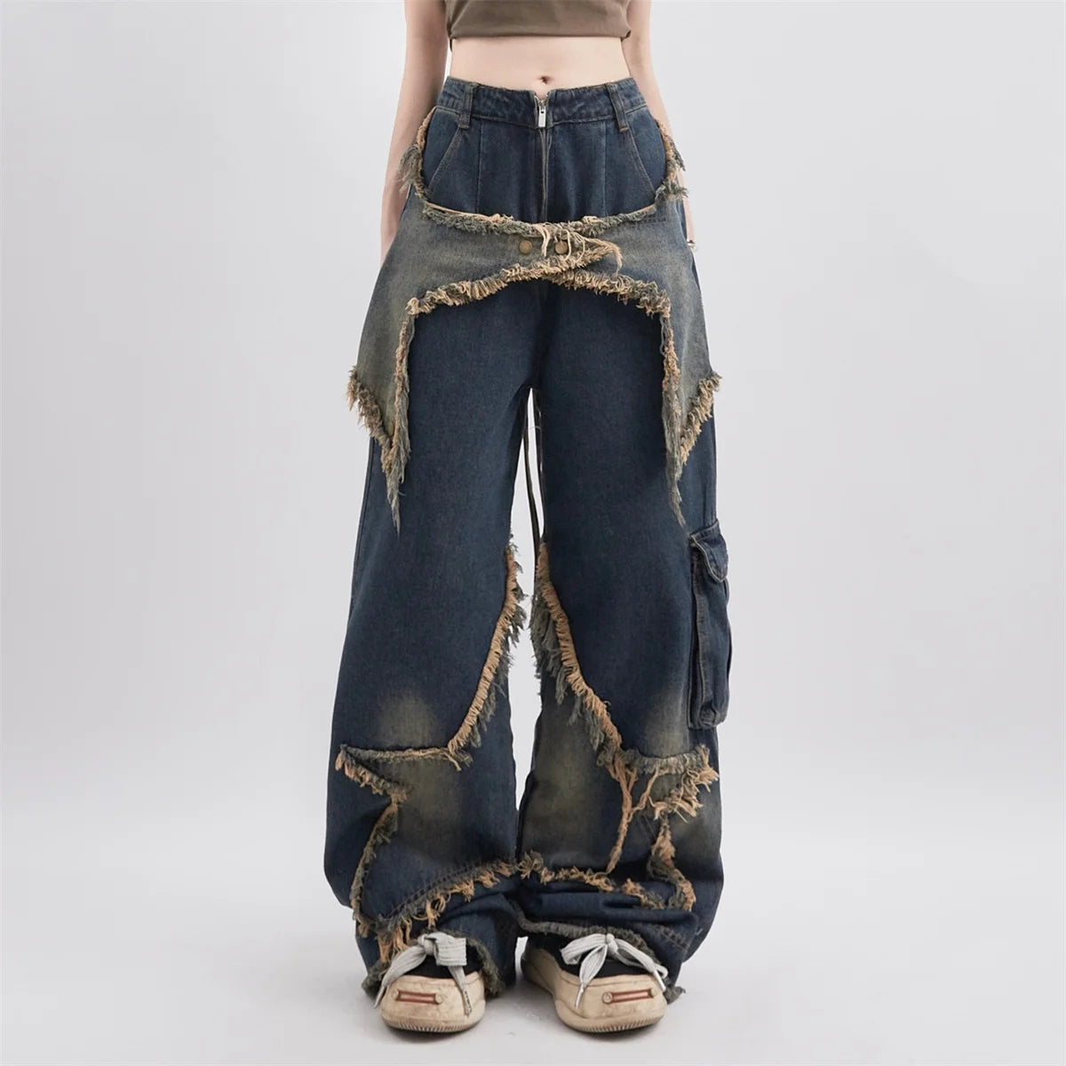 Y2k Cargo Jeans Pants Women Rave Pants Street Oversize Loose Wide-leg Pockets Female Pant Vintage Hip Hop Denim Trousers DEEP BLUE
