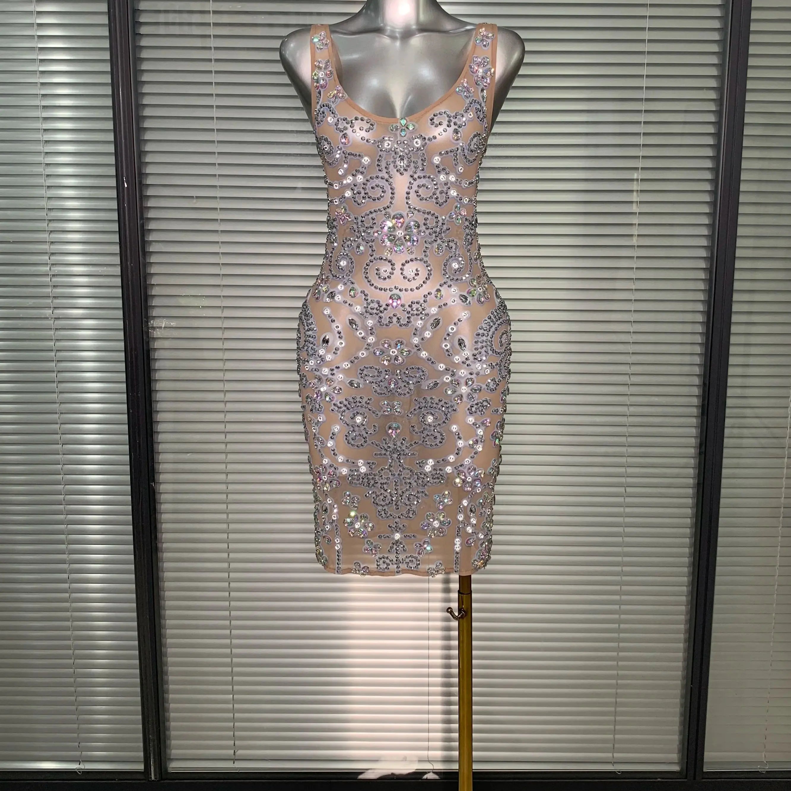 Celebrity New Women Sexy Mesh Sheer Crystal Stage Costume Stage Dancer Singer See Through Night Club Mini Party Dress