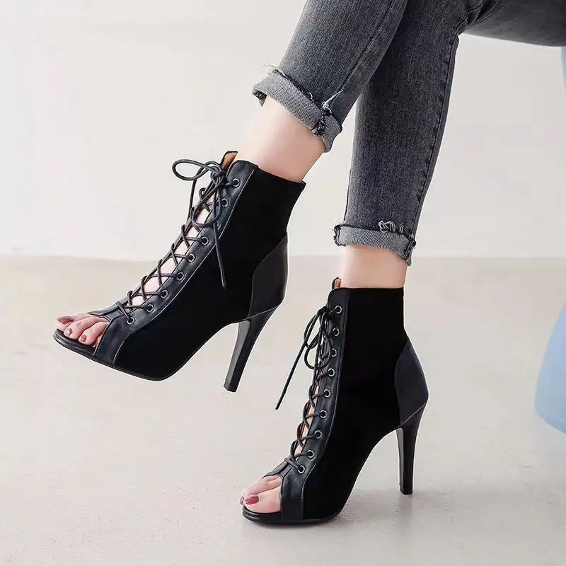 Sandals Hollow Mesh Heels Women's Shoes Summer 2022 Trend Black Lace-Up Sexy Peep Toe Boots Stilettos Jazz Dance Female Shoes black 9cm