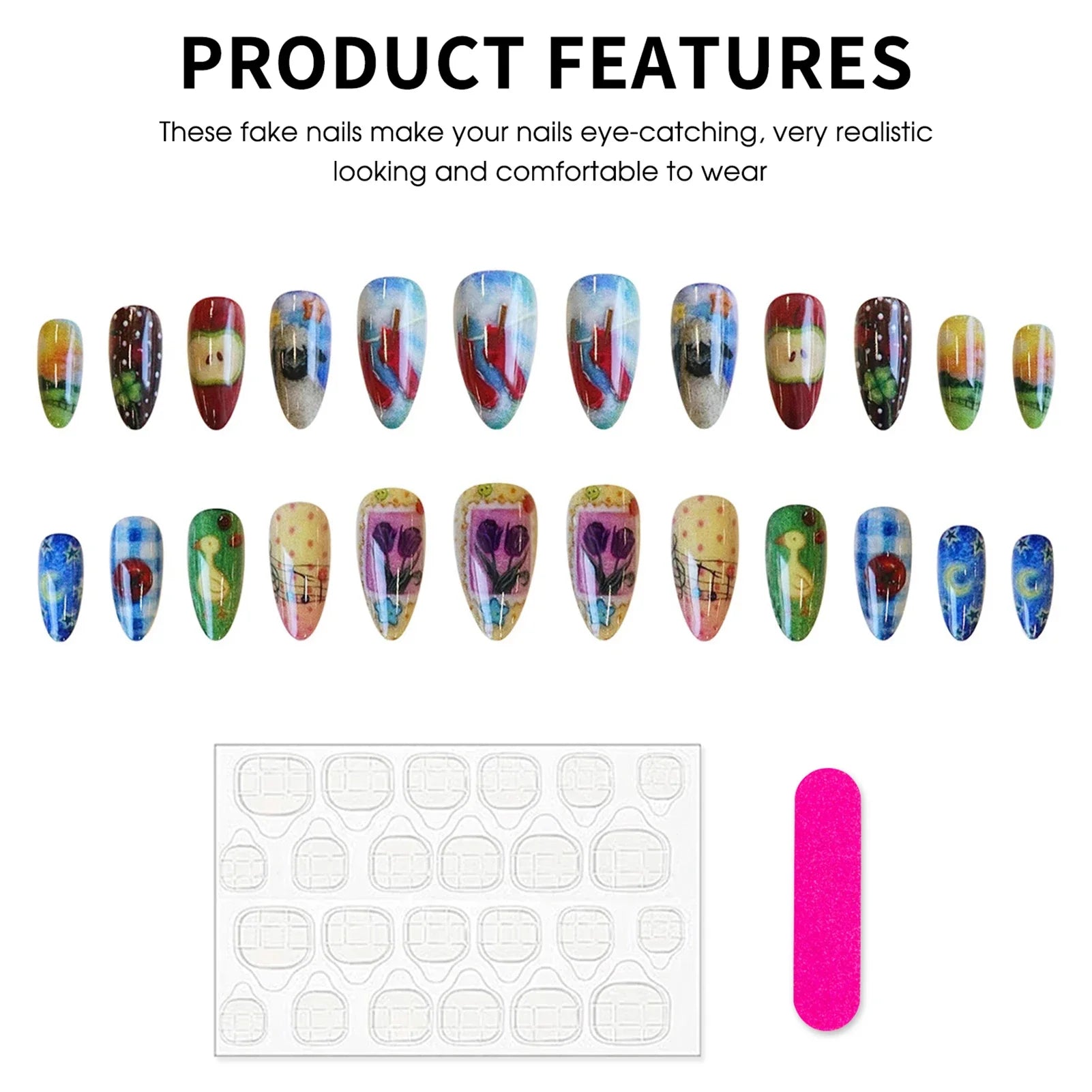 Cute Cartoon Fake Nails 24Pcs Almond Press On Nails Star/Moon/Duck/Sheep/Flower Printed Wearable Nails Art Decoration for Women
