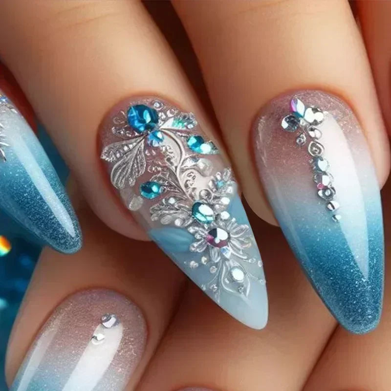 24Pcs Purple Heart Almond False Nails Artificial Simple with Glue French Wearable Fake Nails Full Cover Press on Nails Tips Art