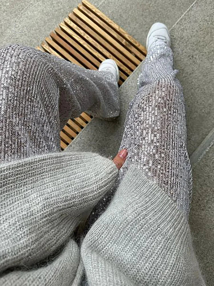 Loose Fit Elastic Waist Sequined Pants Casual Women Patchwork Silver Long Pants All Matching Femme Floor Length Pants