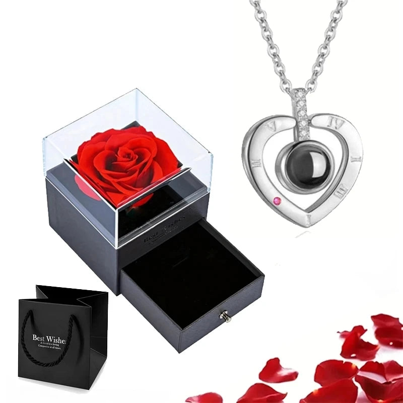 Projection Necklace Set With Rose Gift Box 100 Languages I Love You Heart Pendant Jewelry Accessories Silver-02 45cm