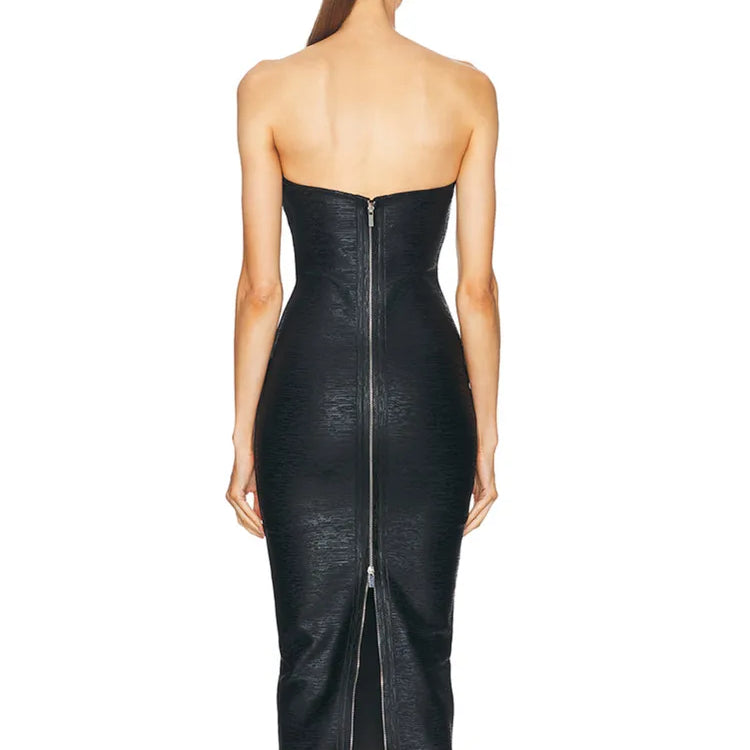 Vestido midi preto bronzeado sem alças, sexy, sem costas, estilo celebridade, verão 2025, elegante, para festa à noite
