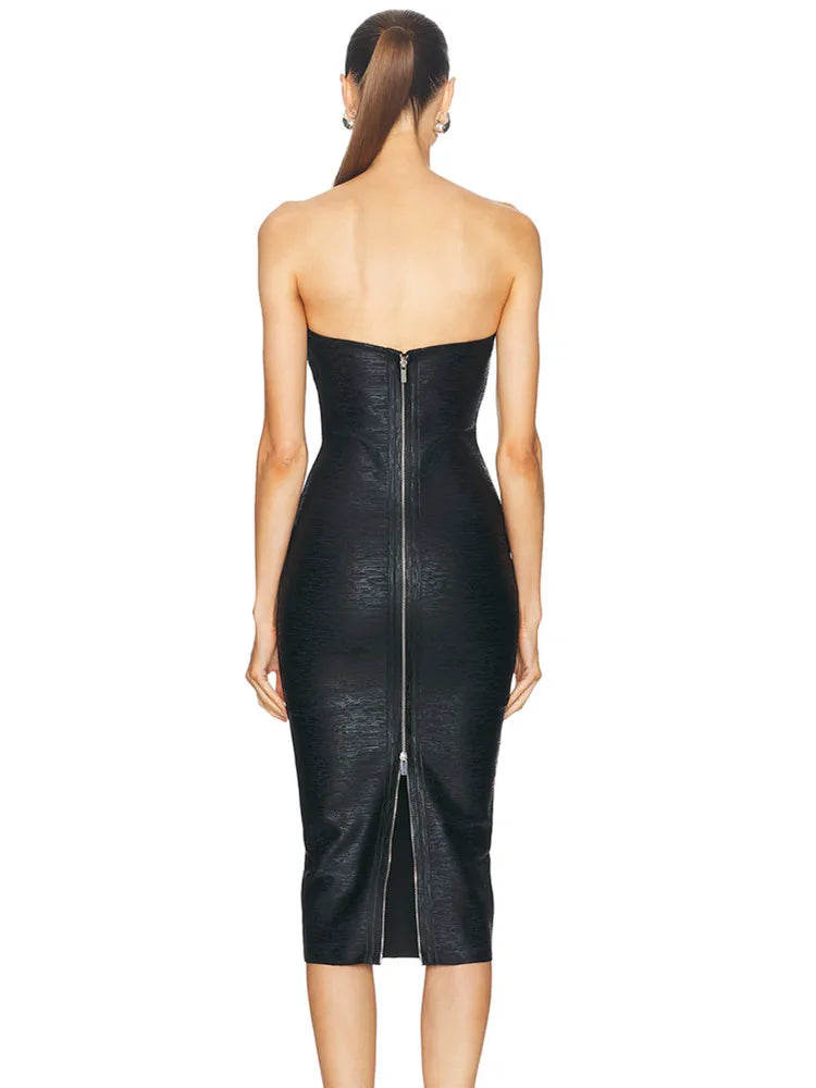 Vestido midi preto bronzeado sem alças, sexy, sem costas, estilo celebridade, verão 2025, elegante, para festa à noite
