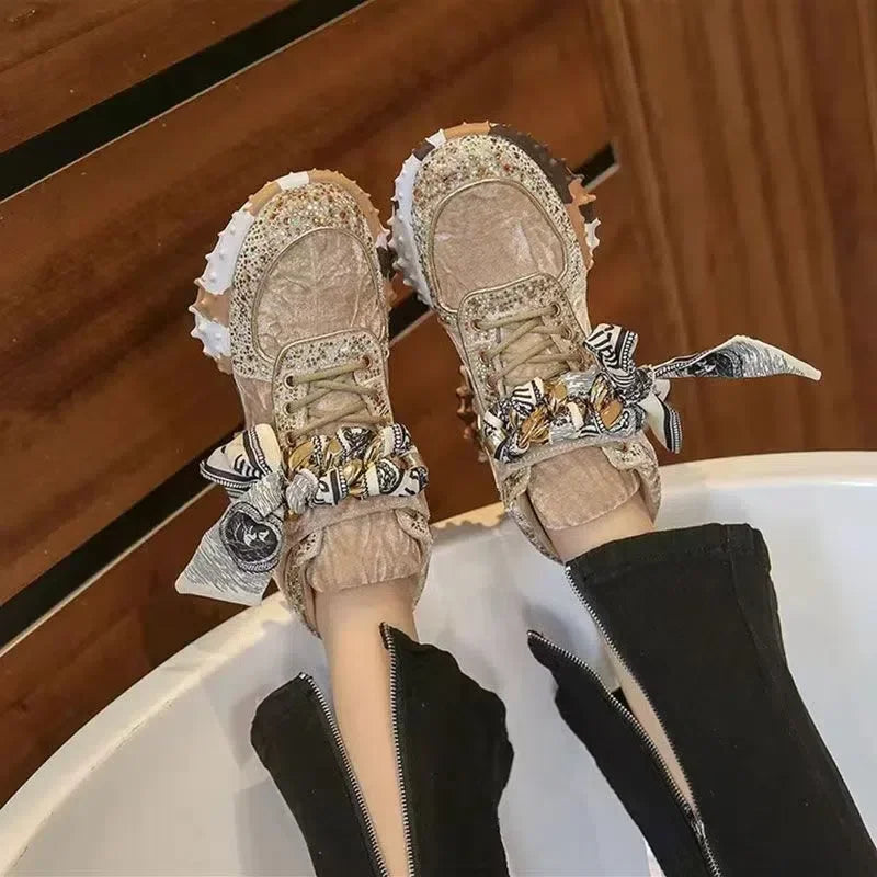 Hot Leather Casual Shoes Rhinestones High Top Sneakers Women Vulcanized Lace Up New Internet Celebrity All-Match Flat Thick Sole