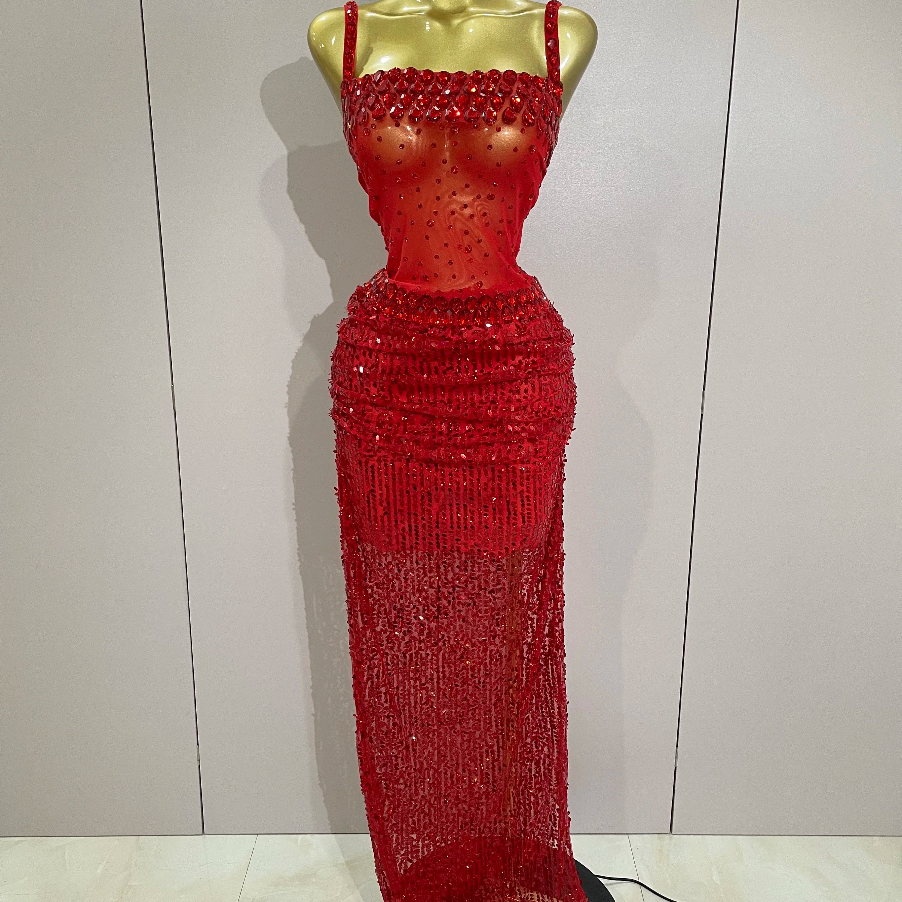 Sparkly Red Rhinestones Sequins Sexy See Through 2PCS Long Dress 2025Women Celebrate Evening Birthday Party Dress Stage Costumes