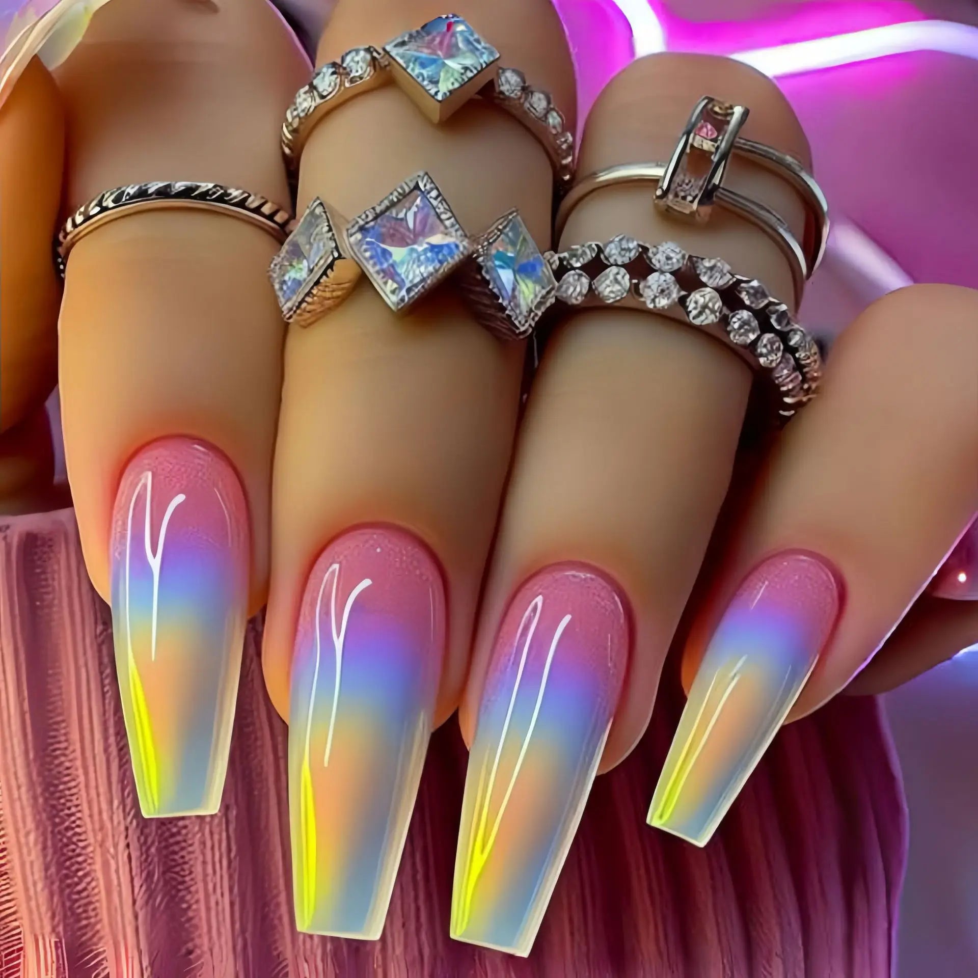 24pcs/set Medium long fake nails for women girls Y2K gradient purple blue yellow green square almond tips press on false nails