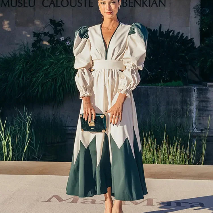 Lady Elegant V-neck Printed Maxi Dress Casual Back Hollow Out Lace Up Lantern Sleeve Robe Women Chic High Street Vestidos green