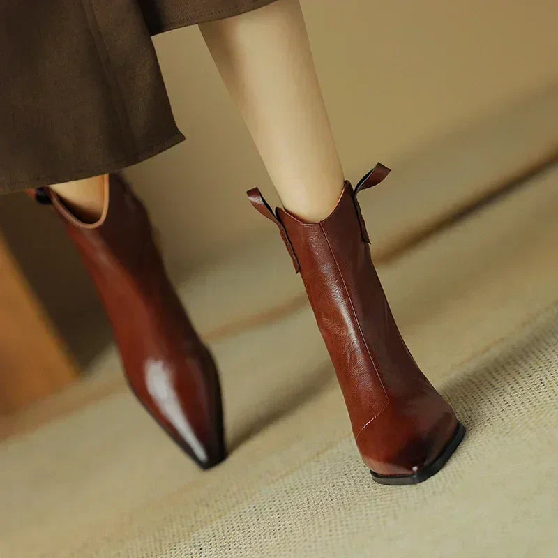 Autumn/winter Women Boots Genuine Leather Western Boots Women Shoes Pointed Toe Chunky Heel Chelsea Boots Retro Ankle Boots